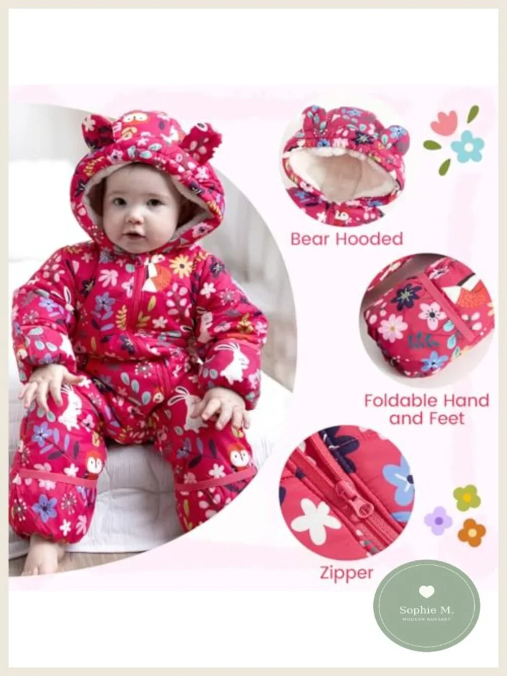 Baby Snowsuit Hooded Winter Jumpsuit Toddler Fleece Lined Zip Up